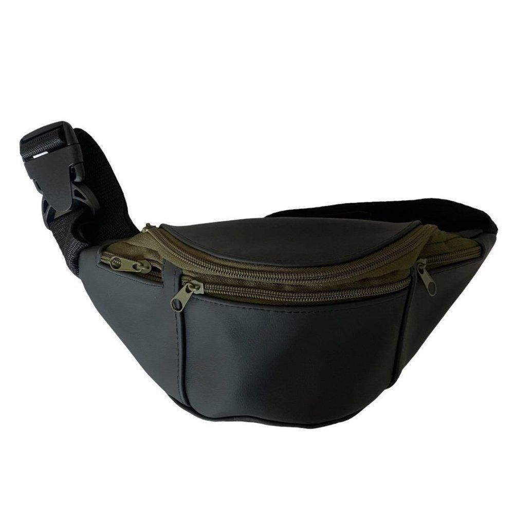 Black Leather Army Green Zip Handmade Cross Body Fanny Pack